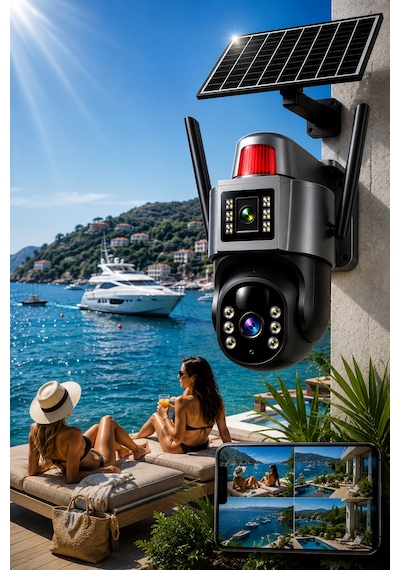 O-kam 7015 4g 6mp Dual Lens Güneş Panelli Solar Sirenli Güvenlik Kamerası 1 Yıl İnternet