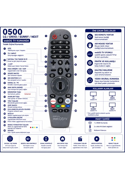 0500 Lg Onvo Sunny Next Webos Tv Kumandası Netflix Prime Video Uyumlu Ses Komutsuz Air Mouse Özelliksiz