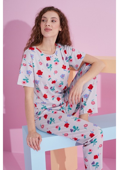 Siyah İnci Likralı Örme Pijama Takım 7802 Gri Çiçek