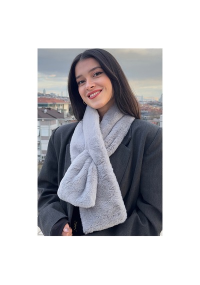 Mollycrush Peluş Yumuşak Soft Atkı Kışlık Suni Kürklü Gri Kadın Atkısı Gri