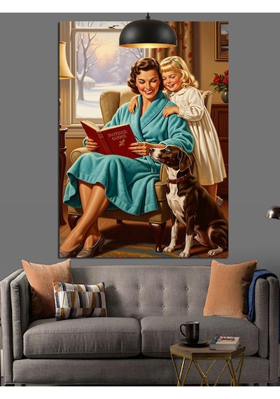 Mutlu Aile Köpekleri İle Retro Dekoratif Kanvas - Mdf Ahşap Tablo