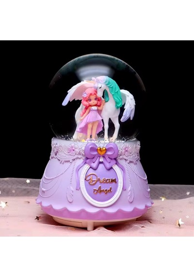 Pembe Unicorn Ve Sevimli Kız Temalı Büçük Boy Püskürtmeli Müzikli Işıklı Kar Küresi