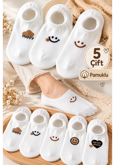 Hitit Socks Kadın 5 Çift Gülen Surat Desenli Günlük Kullanıma Uygun Babet Çorap Asorti