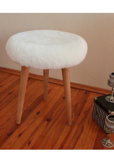 Elissa Gürgen Ahşap Retro Ayak Dekoratif Beyaz Peluş Puf Tabure Bench Koltuk Sandalye Beyaz