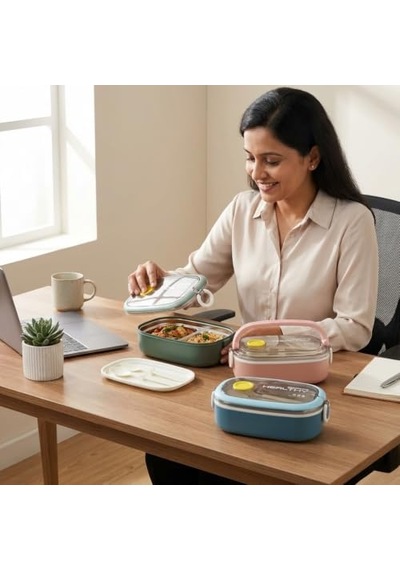 Deconox Paslanmaz Çelik Yemek Kabı 750 Ml, Çatal Kaşık Dahil, Kilitli Kapaklı Lunch Box, Yemek Taşıma Ve Saklama Kabı, 21x12x7,50 Cm, Yeşil/pembe/mavi