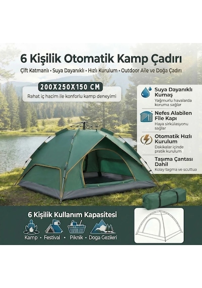 Buffer 6 Kişilik Otomatik Kamp Çadırı Çift Katmanlı, Suya Dayanıklı, Hızlı Kurulum Outdoor Aile Ve Doğa Çadırı 200x25 Yeşil