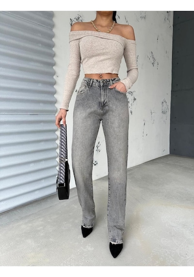 Straıght Boru Paça Grey Jean Gri