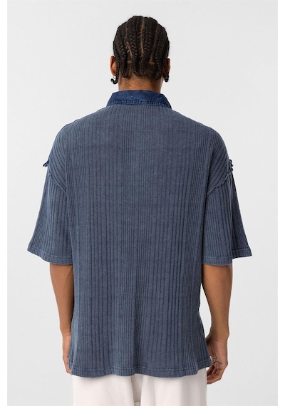 Vamos Yıkamalı Triko Oversize Polo Yaka Tişört V70-53 İndigo