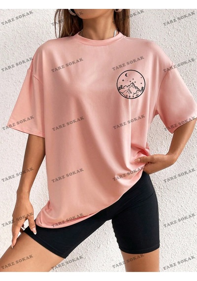 Flood Of Style Unisex Bay Güneş Ve Ay Desenli Düşük Omuz Tişört Kod-1350 Pembe