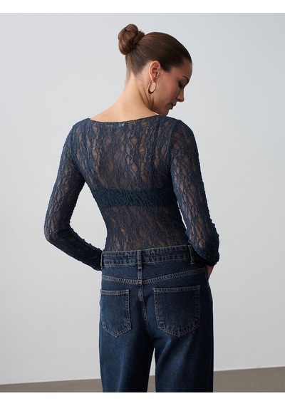Dilvin 32764 Kayık Yaka Dantel Top-indigo İndigo