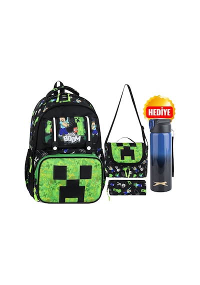 Minecraft Okul Sırt Çantası , Beslenme Çantası Kalemlik Seti Lisanslı Çelik Suluk & Matara Siyah