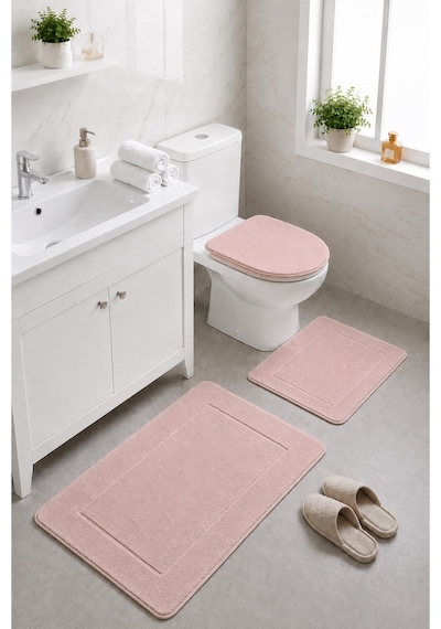 Pudra 3'lü Banyo Halısı Paspası Seti Kaymaz Tabanlı Yıkanabilir Klozet Takımı Venisa