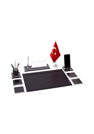 Star Bayraklı Mermer Desenli Ahşap Sümen Takımı Deri Sümen Seti Masa İsimliği - Gümüş