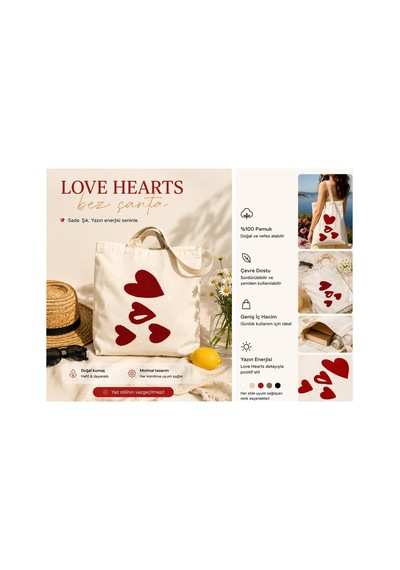 Lumindra Love Hearts Kalp Desenli Bez Omuz Çantası Günlük Kullanım, Doğal Pamuk Tote Bag 43 39 Cm Krem Krem