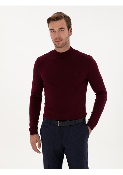Cacharel Bordo Slim Fit Pamuk Karışımlı Yarım Balıkçı Yaka Triko Kazak Kırmızı
