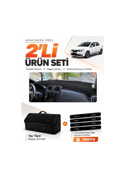 E-biz Renault Symbol Üst Kapaklı 2013-2021 Uyumlu Torpido Örtüsü + Tay Tüyü Çanta - Siyah - Re014