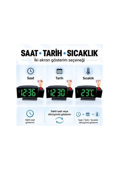 Projeksiyonlu Dijital Masa Saati Yeşil Led Ekranlı Alarm Snooze Sıcaklık Tarih Usb Ve Pil Diğer