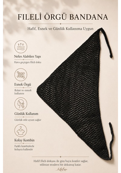 Siyah Fileli Örgü Bandana Kadın Bağlamalı Saç Bandı Hafif Esnek Günlük Bandana Siyah - 884327932 Siyah