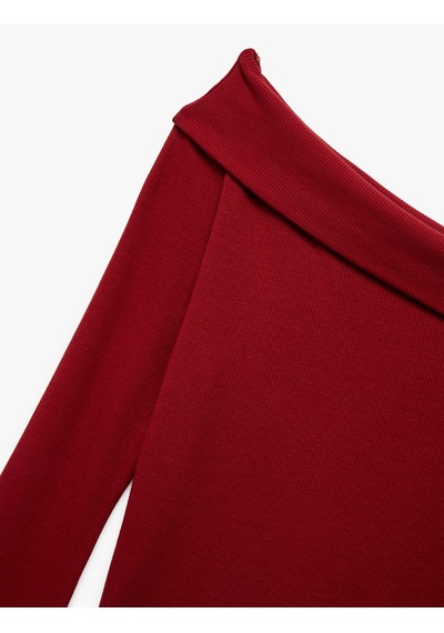Koton Pamuklu Slim Fit Uzun İspanyol Kollu Omzu Açık Tişört Bordo 6wak50039ek Bordo