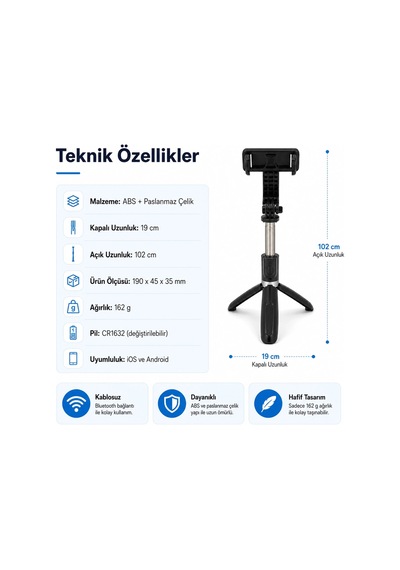 PELL L02 Bluetooth Kumandalı Tripod Selfie Çubuğu 100cm, 4 In 1 Kablosuz Monopod
