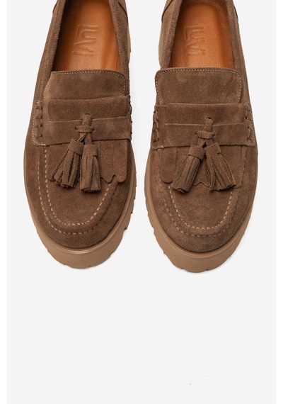 Luvi Shoes Poen Toprak Süet Hakiki Deri Püsküllü Kadın Loafer Ayakkabı