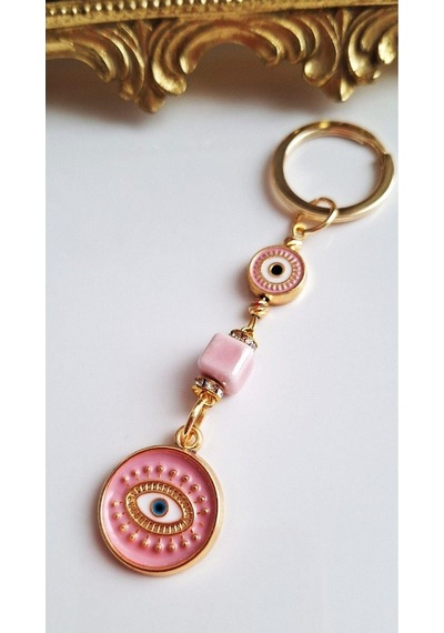 Hediyelik 5'li Zirkon Taşlı Nazar Boncuklu Pembe Şık Anahtarlık 10,5 Cm