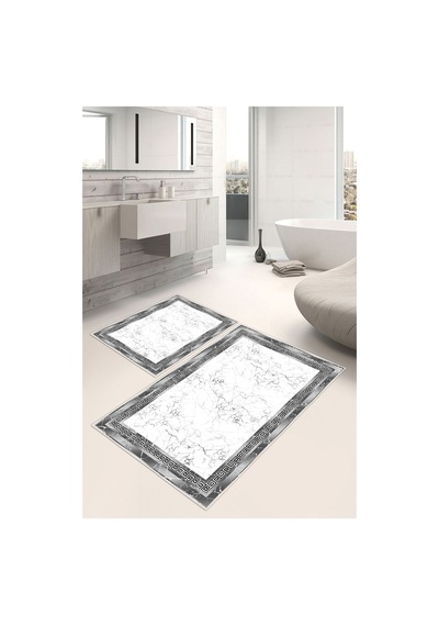 Çerçeveli Modern Desenli Dijital Baskılı Yıkanabilir 2li Banyo Paspası Gri