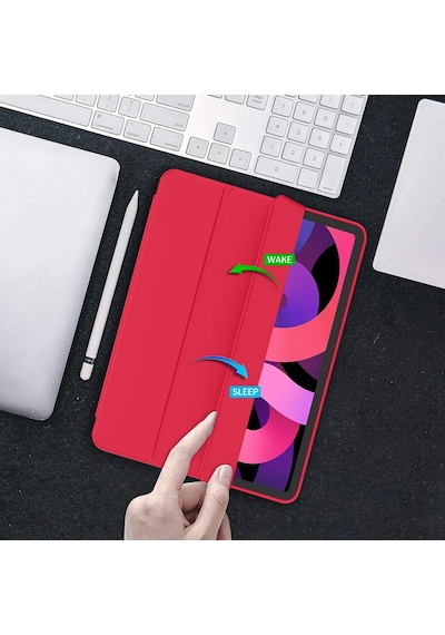 Apple Uyumlu iPad Air 11 İnç Kılıf M3 2025 / M2 2024 , Apple Uyumlu iPad Air 5. / 4. Nesil Kılıf 2022/2020 10,9 İnç Kalem Tutuculu, Yumuşak Tpu Arka Kısımlı Üç Katlı Akıllı Kılıf Kırmızı