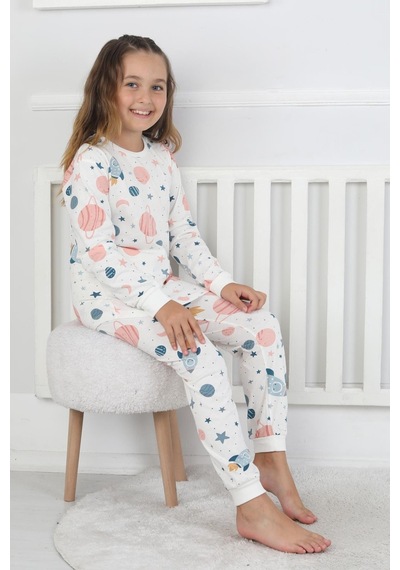 Bunny Hopp Unisex Çocuk Pijama Takımı %100 Pamuk Uzun Kollu Penye 3-8 Yaş Beyaz