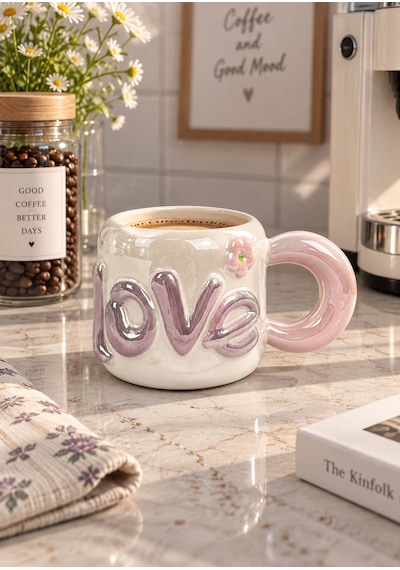 Dear Love Lüsterli Pudra Pembe Porselen Kupa 480 Ml-7743 Çok Renkli