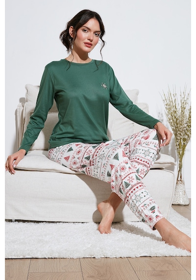 Lela Streç Regular Fit Beli Lastikli Bisiklet Yaka Bayan Pijama Takımı 65714101 Yeşil