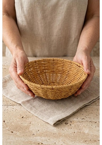 Yıkanabilir Rattan Yuvarlak Ekmek Sepeti 20.5 Cm - Metal İskeletli Hasır Banyo Ve Mutfak Sepeti Kahverengi