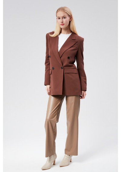 Kahverengi Regular Astarlı Kruvaze Kapama Dokuma Oversize Blazer Ceket 001