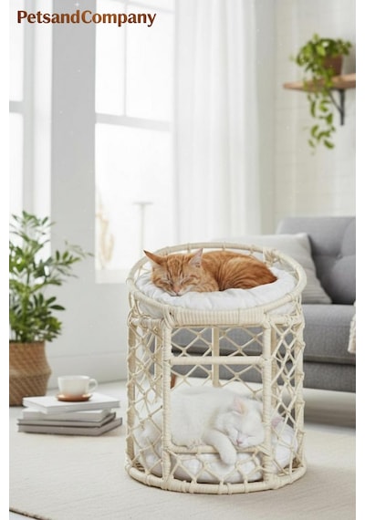 Lüks İki Katlı Kedi Köpek Evi, El Yapımı Özel Tasarım Örgü Kedi Yatağı, Modern Kedi Kulübesi Krem