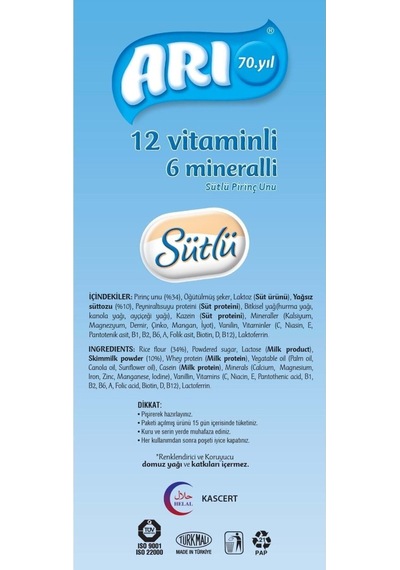 Arı Mama Pirinç Unu 200gr Sütlü 12 Vitaminli 6 Mineralli 4 Lü Set