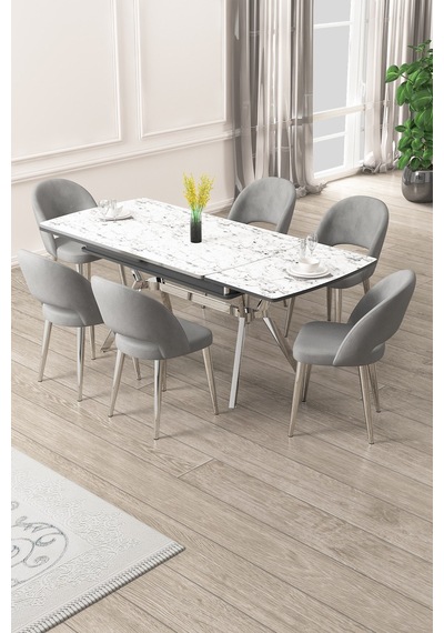 Canisa Weps Serisi 89x150 Açılabilir Lak Panel Beyaz Mermer Krom Ayak Masa Takımı Ve 6 Gri Sandalye Beyaz Mermer Desen Masa Gri Sandalye Canisa Weps Serisi 89x150 Açılabilir Lak Panel Beyaz Mermer Krom Ayak Masa Takımı Ve 6 Gri Sandalye Beyaz Mermer Desen Masa Gri Sandalye