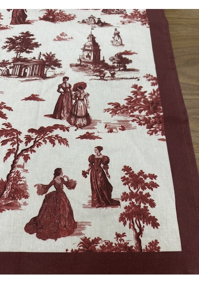 Toile De Jouy Paris Runner 40x110 Cm %100 Pamuk Dijital Baskılı Masa Örtüsü Klasik Fransız Tarzı Masa Dekoru - Zt700 Kırmızı