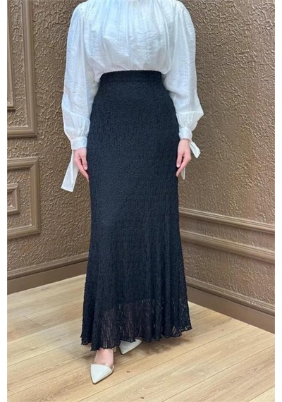 Neşeli Butik Kadın Siyah Dantel Kumaş Maxi Boy Tesettür Etek