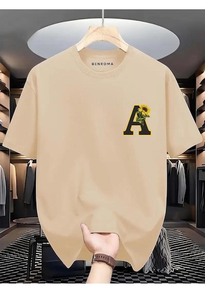 Çiçekli A Baskılı Oversize Tişört Bej