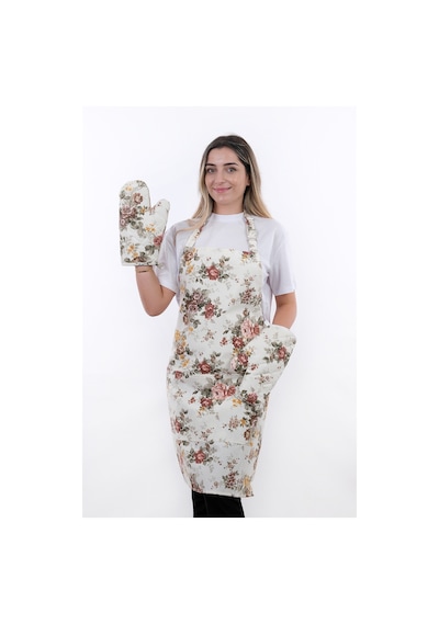 Sweet 3lü Set Ayarlanabilir Askılı Cepli Mutfak Önlüğü Seti 2 Eldiven Kahve Güller
