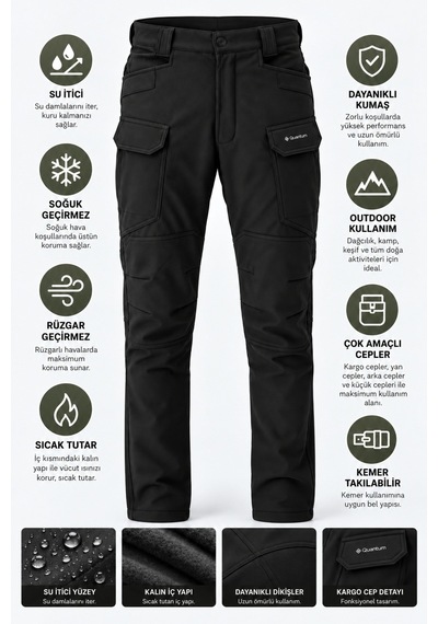 Dechers Erkek Kışlık İçi Polarlı Rüzgar Su Geçirmez Soft Shell Taktik Pantolon - E231 Siyah