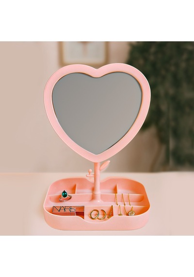 Storebaskı Led Işıklı Pembe Kalpli Organizer Makyaj Aynası