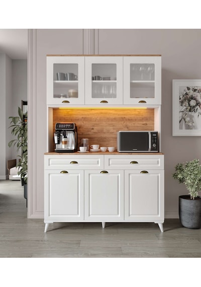 Guneystore Gözde Kahve Köşesi - 140 Cm Mdf Ayaklı Mutfak Dolabı - Led Aydınlatmalı Atlantik Çam - Beyaz Guneystore Gözde Kahve Köşesi - 140 Cm Mdf Ayaklı Mutfak Dolabı - Led Aydınlatmalı Atlantik Çam - Beyaz