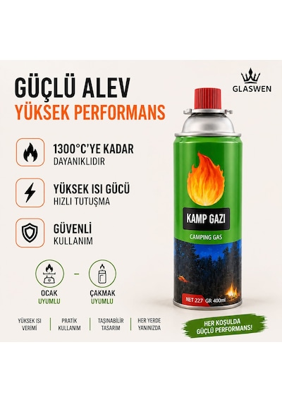 8 Adet Kamp Gazı Gaz Tüpü Portatif Ocak Kartuşu Tek Kullanımlık Pürmüz 400 Ml 227 Gr Yeşil