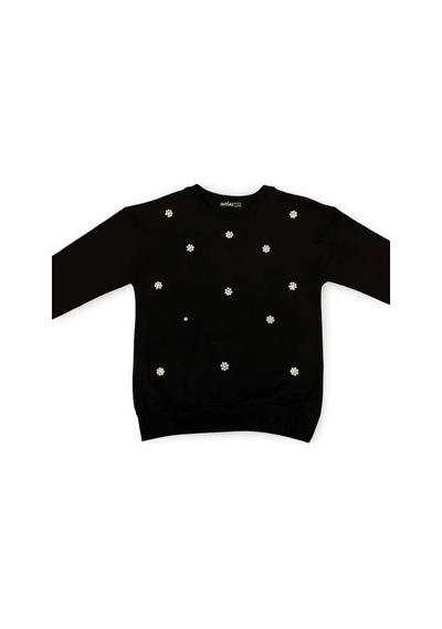 Kız Çocuk Pamuklu İnci İşlemeli İnce Sweatshirt-15007 Siyah