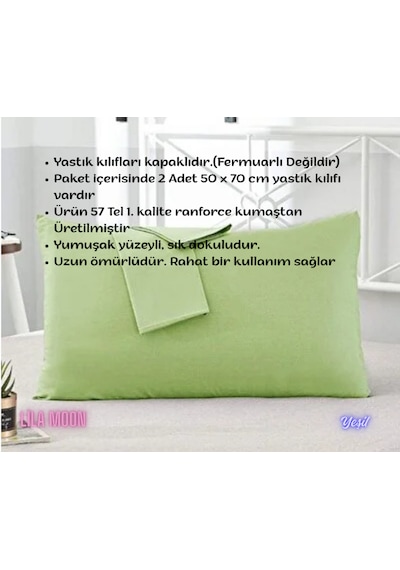 Yeşil Renkli Pamuklu Ranforce Kumaştan Yastık Kılıfı 2 Adet Yeşil