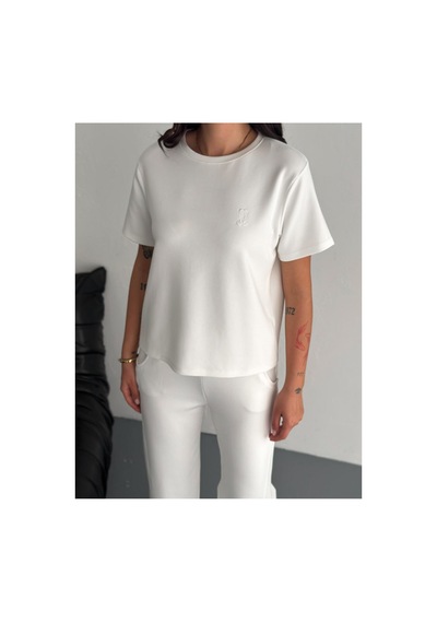 Gugus Kadın Modal Alt/üst Takım Kısa Kollu T-shirt Bol Paça Eşofman Wide Lege Model Ekru