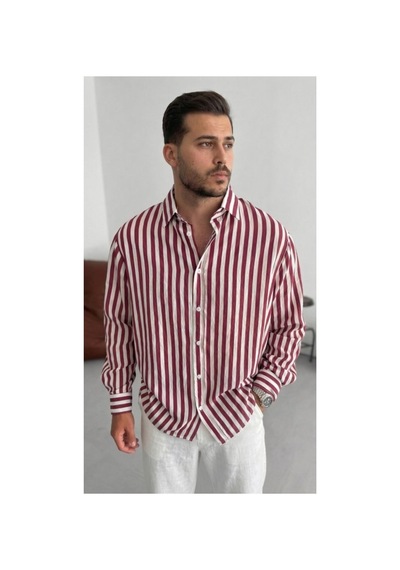 Butik İstanbul Erkek Dikey Çizgili Yarım Oversize Gömlek Bord