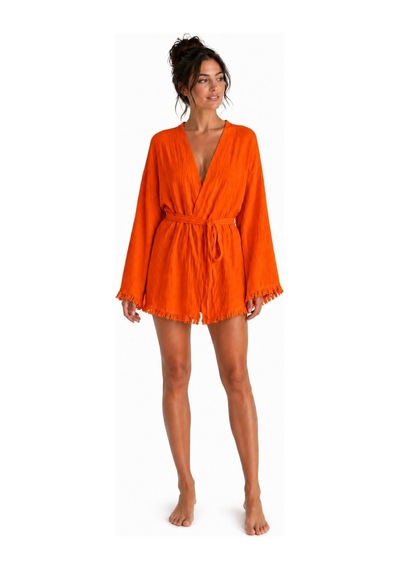 Mulberry Layra Kadın Ekru Müslin Kimono Bornoz Kuşaklı, Püskül Detaylı, Oversize Rahat Kesim Plaj & Ev Giyim Turuncu