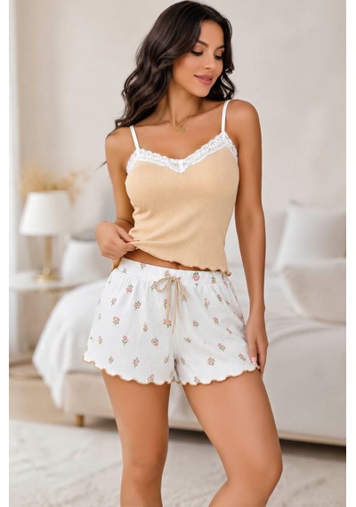 Kadın Çiçek Desenli Dantel Askılı Şortlu Pijama Takımı 5260 Beden: S/m, Renk: Beyaz